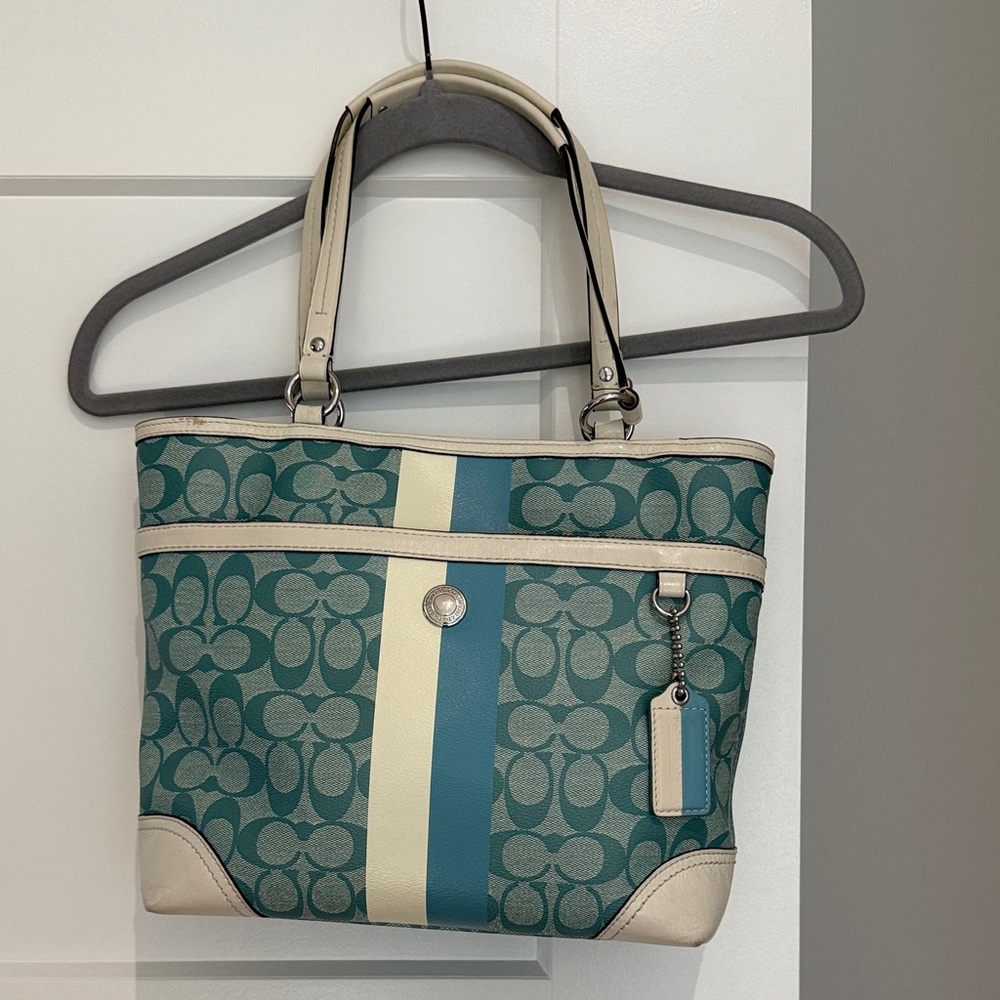 Coach Teal Signature Stripe Tote with Ivory Trim